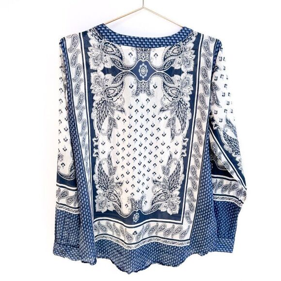 Ann Taylor Blue White Paisley Print Cotton Silk Long Sleeve Top Small - Picture 6 of 8